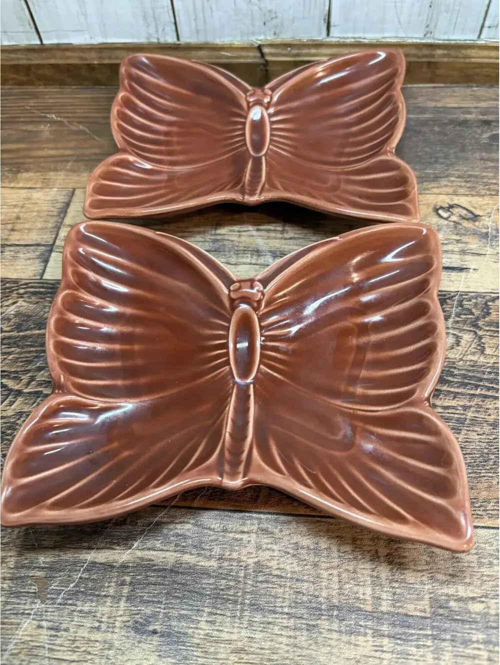 Vtg Lot Of 2 Butterfly Tray Trinket Dish 60-70s MCM Ceramic Red-Brown 6.5” Japan - Picture 2 of 7
